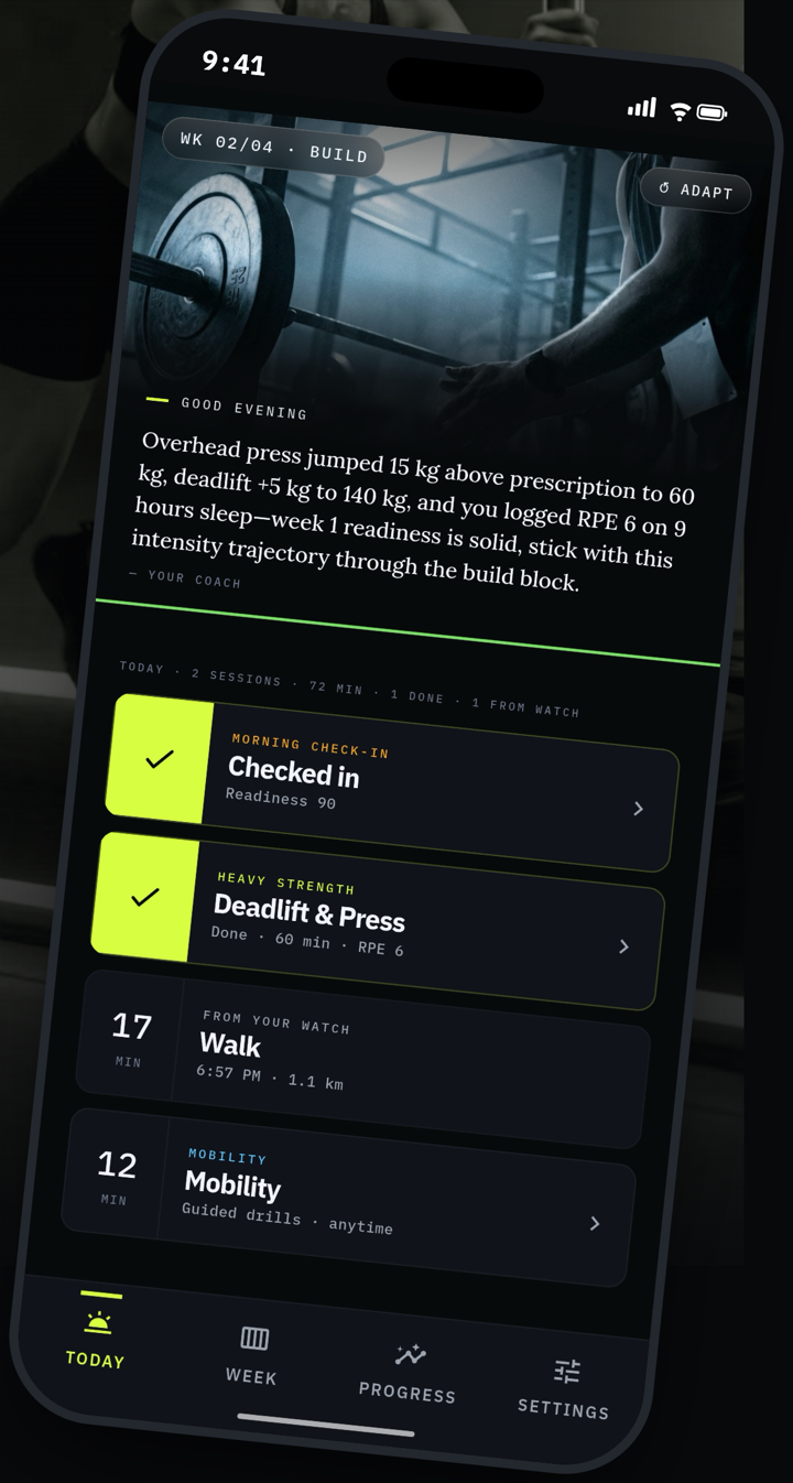 Threshold Today screen with coach briefing and day agenda.