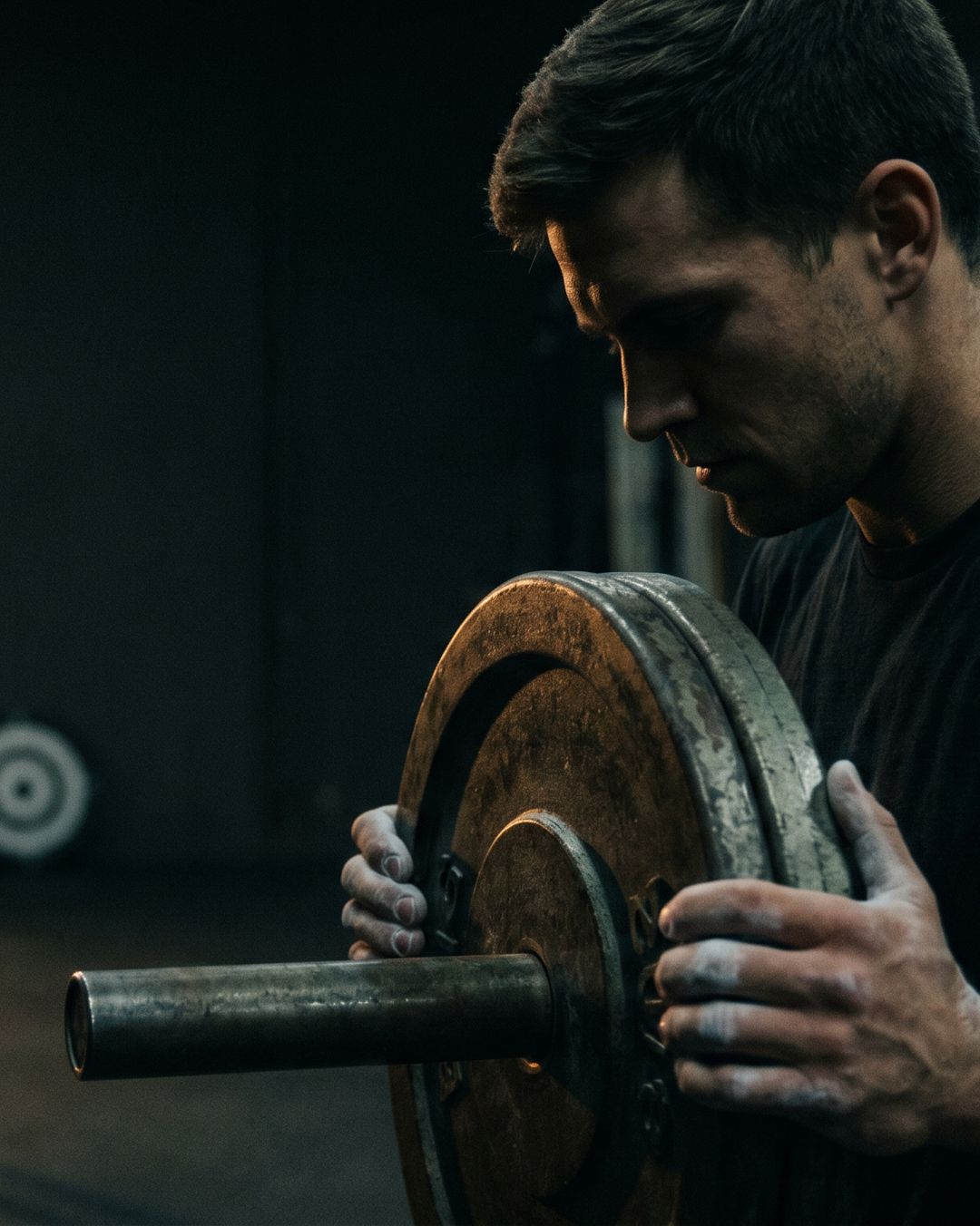 An athlete loading a bumper plate onto a barbell in a dim gym.